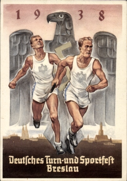 Artist Postcard Wrocław Breslau Silesia, German Gymnastics and Sports Festival 1938, runner, national eagle