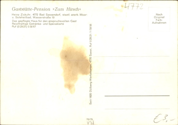Postcard Bad Sassendorf in Westphalia, Restaurant-Pension Zum Hirsch