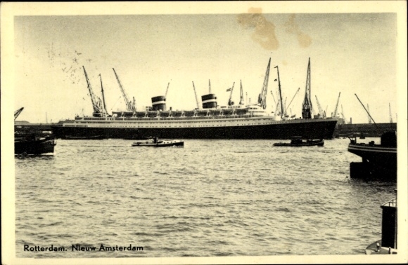 Postcard steamer SS Nieuw Amsterdam, Holland America Line, HAL, Port of Rotterdam