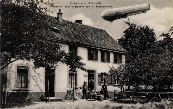 Ak Manzell Friedrichshafen am Bodensee, Wirtschaft zum Waldhorn, Inh. K. Hanselmann, Zeppelin