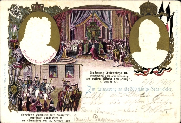 Embossed Chromo-Litho Coronation of Frederick III, Kaiser Wilhelm II, portrait, Prussia's elevation to a kingdom