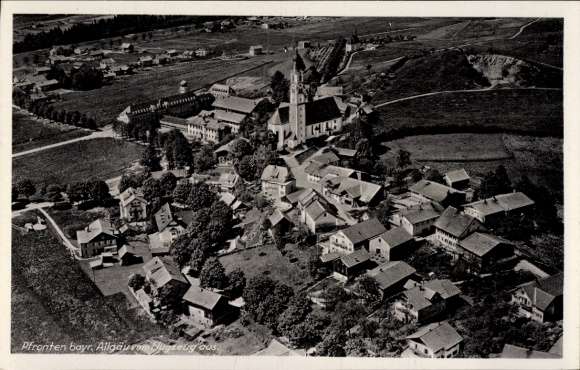 Postcard Pfronten in Allgäu, in the middle a church, surrounded by houses and fields