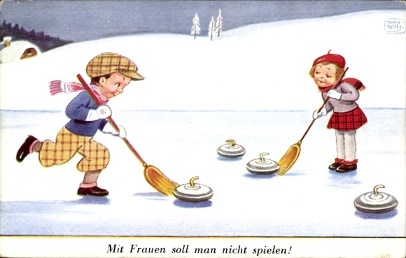 Artist Postcard Wills, John, You Shouldn't Play with Women, Children Playing Curling