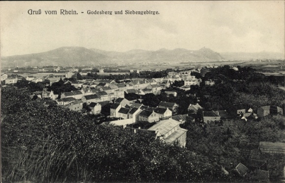 Postcard Bad Godesberg Bonn am Rhein, panoramic view, Rhine, Godesberg, Siebengebirge