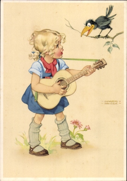 Artist Postcard Lungershausen, Ilse Wende, girl with guitar, raven