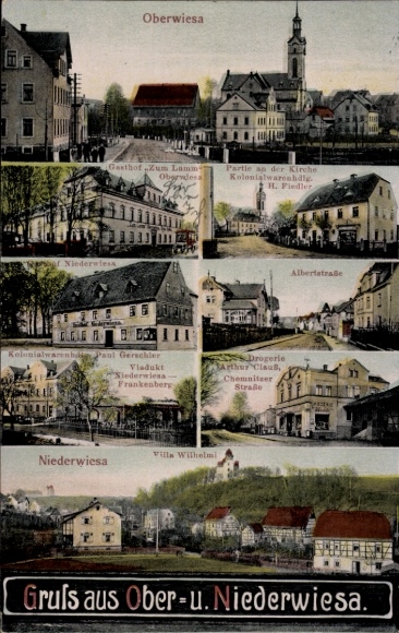 Ak Oberwiesa Niederwiesa Sachsen, Kirche, Gasthof Zum Lamm, Villa Wilhelmi, Albertstraße, Drogerie