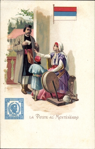 Briefmarken Litho Montenegro, La Poste au Montenegro, Postbote, Spinnrad, Frau in Tracht