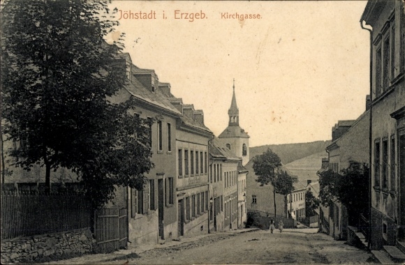 Ak Schlössel Jöhstadt im Erzgebirge Sachsen, Jöhstadt i. Erzgeb. Kirchgasse, Häuser und Kirche...