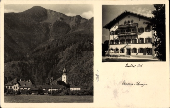 Postcard Grassau im Chiemgau, Gasthof Post, overall view of the village, church tower, mountain