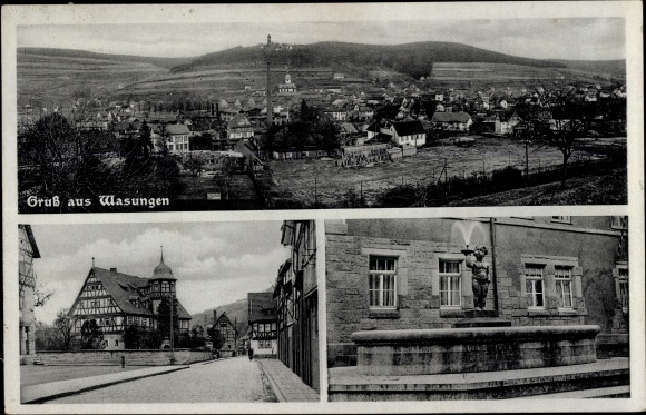 Postcard Wasungen in the Thuringian Forest, panorama of the place, street view, fountain