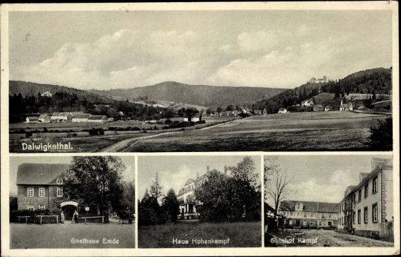 Postcard Dalwigksthal Lichtenfels Hessen, Panorama of the place, inn Emde, house Hohenkampf, Gutshof Kampf