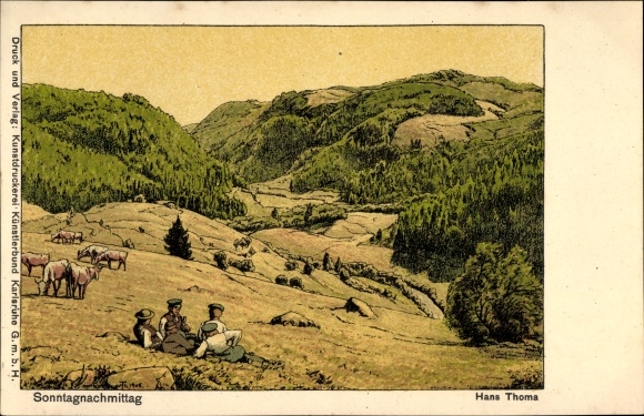 Artist Postcard Thoma, Hans, Sunday afternoon, rest on a slope, cattle on the pasture