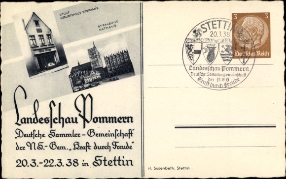 Postal stationery Postcard Szczecin Stettin Pomerania, stamp exhibition Pomerania 20.-22.03.1938