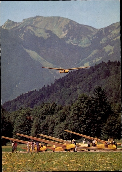 Postcard Unterwössen in Upper Bavaria, German Alpine gliding school, gliders, Alpine panorama