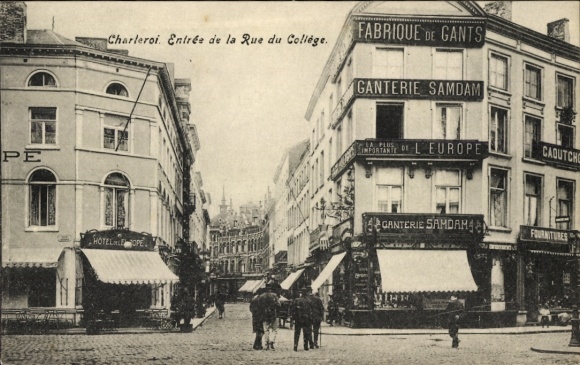 Postcard Charleroi Wallonia Hainaut, entrance to Rue du Collège, shops, Ganterie Samdam, factory v