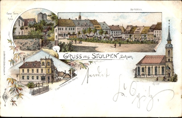 Chromo-Litho Stolpen in Saxony, market square, church, Cosel tower, ruins, cigar house
