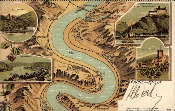 Chromo-Litho Stolzenfels Koblenz on the Rhine, Boppard, Braubach, Marksburg