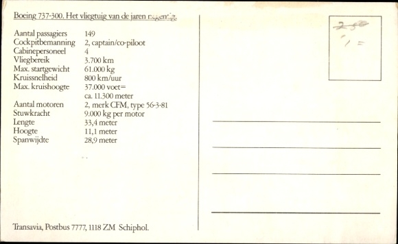 Postcard Dutch passenger aircraft, Boeing 737 300, Transavia