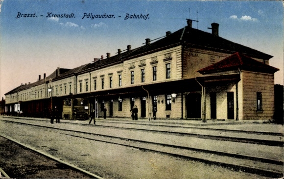 Postcard Brassó Brașov Kronstadt Romania, train station, Palyaudvar