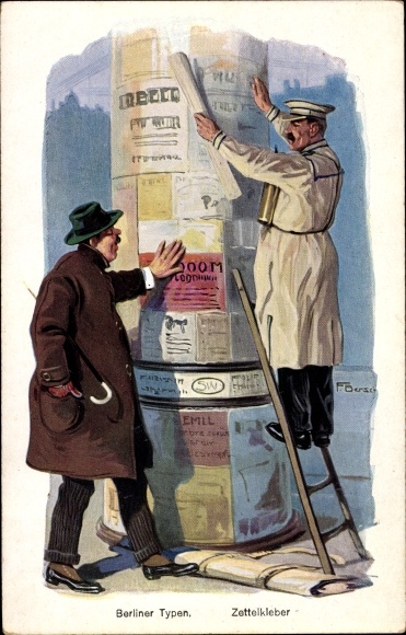 Artystyczna pocztówka Bersch, Berlin, typy berlińskie, samoprzylepna etykieta, słupek reklamowy