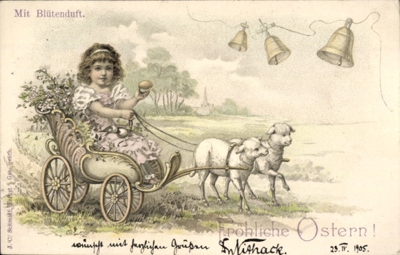 Litho Fröhliche Ostern, Mädchen in Lämmerkutsche, Glocke, Mit Blütenduft