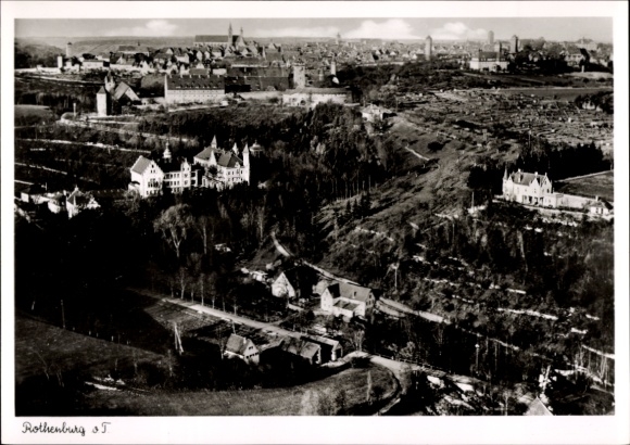 Postcard Rothenburg in der Oberlausitz, landscape of buildings, hilly landscape, black and white