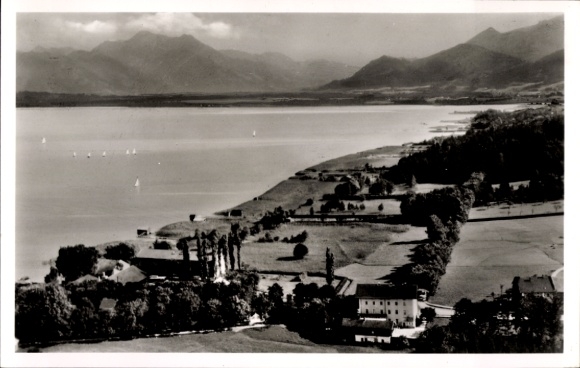 KP Prien am Chiemsee Górna Bawaria, piękny krajobraz, Chiemsee, góry, żaglówki, Seehotel Feldhüt