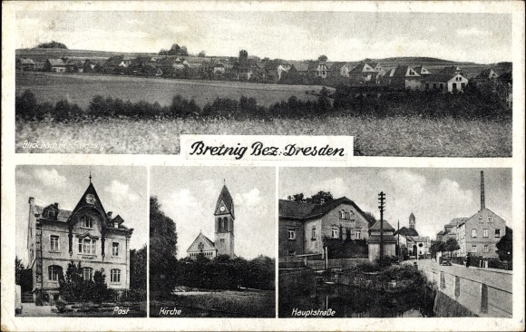 Postcard Bretnig Hauswalde Großröhrsdorf in Saxony, general view, post office, church, main street