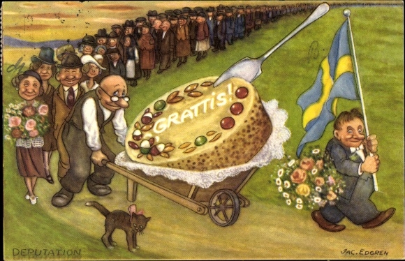 Artist Postcard Edgren, J., people celebrating, Swedish flag, cake
