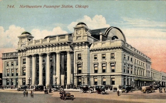 Ak Chicago Illinois, Northwestern Passenger Station, Terminal, auto's op het station