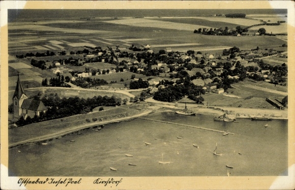 Postcard Kirchdorf Island Poel Mecklenburg, aerial view of Kirchdorf, Baltic Sea resort, fields, boats