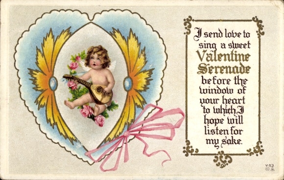 Embossing Postcard Congratulations Valentine's Day, Singing Love Angel, Lute