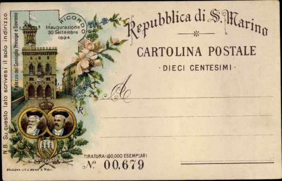 Chromo-Litho San Marino, Palace of the Prince and Sovereign Council, Inauguration 1894
