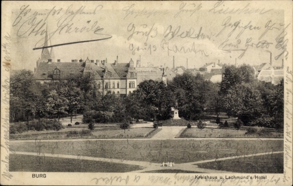 Postcard Burg near Magdeburg, district office, Lachmund's Hotel