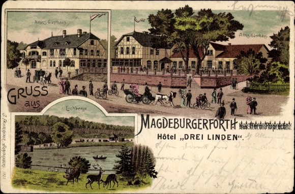 litho Magdeburgerforth Möckern Jerichower Land, Hotel Drei Linden, nieuwe en oude herberg, Eichberge