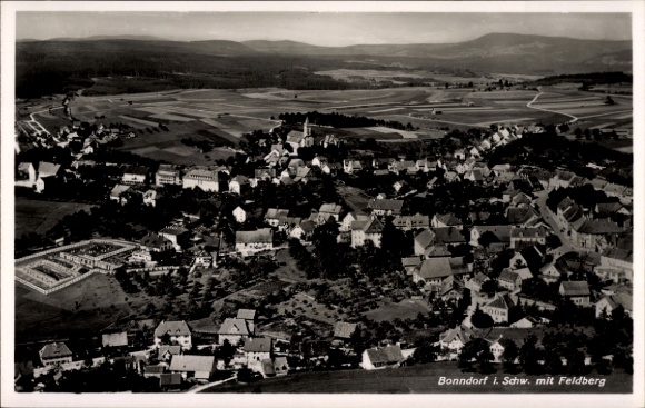 Postcard Bonndorf in the Black Forest, aerial view of Feldberg in the background, rural surroundings