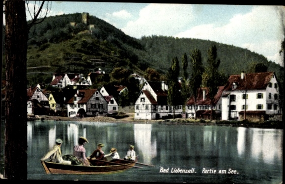 Postcard Bad Liebenzell in the Black Forest, idyllic landscape, lake, boats, buildings, mountains