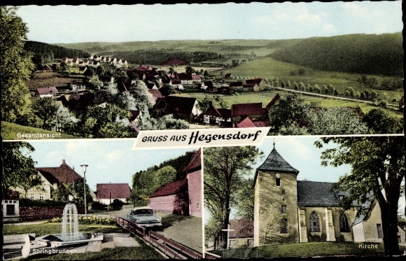 Ansichtkaart Hegensdorf Büren in Ostwestfalen, overzicht, fontein, kerk