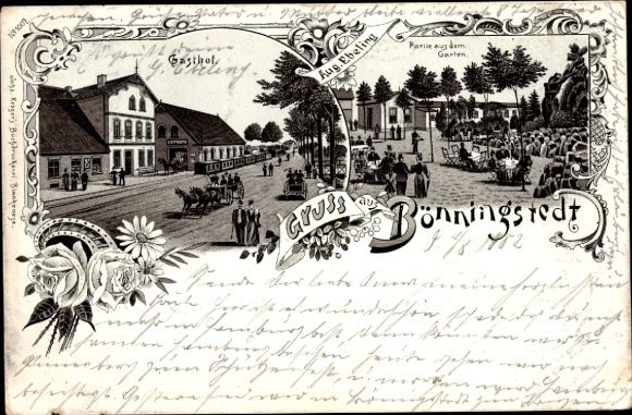 litho Bönningstedt in Sleeswijk-Holstein, herberg, tuin