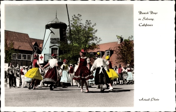 Postcard Santa Barbara California USA, Danish Days dance group in traditional costume, windmill