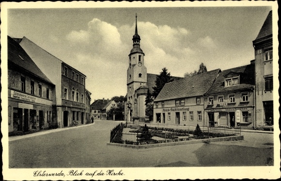 Postcard Elsterwerda in Brandenburg, church, bookstore, grocery store