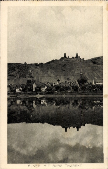 Postcard Alken Mosel, river section, Thurant Castle, riverbank view