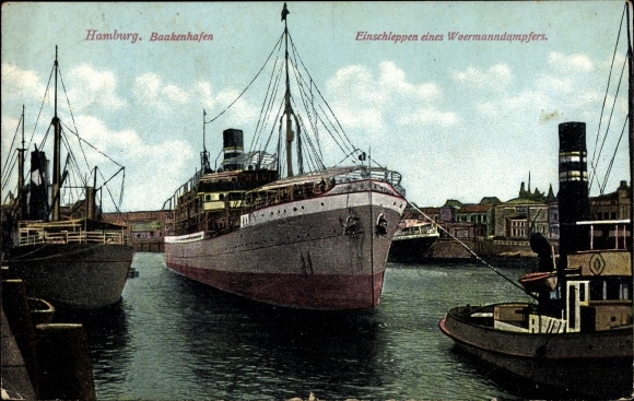PC Hamburg, in the Baakenhafen, towing a Woermann steamer