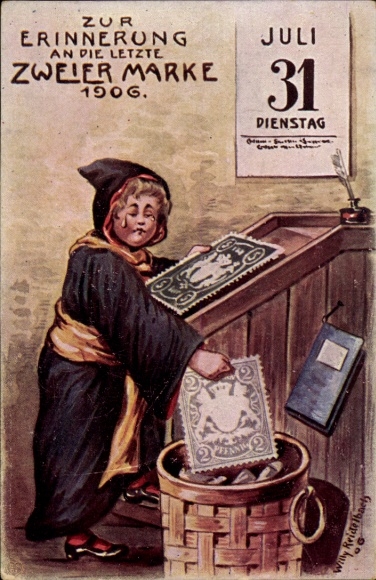 Künstler Ak Reidelbach, Willy, Zur Erinnerung an die letzte Zweier-Marke 1906, Münchner Kindl