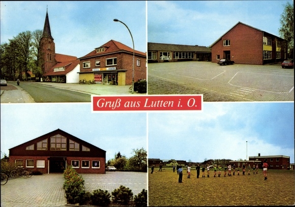 Postcard Lutten Goldenstedt in Oldenburg, church, shop, school, sports field