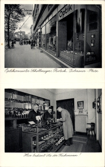 Postcard Hansestadt Rostock, optician Schollmeyer, Doberaner Platz, shop window, expert service