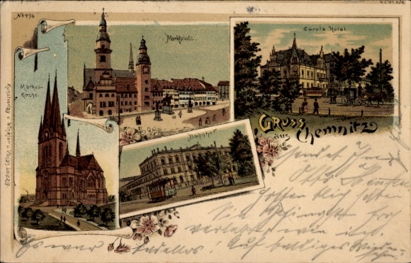 Postcard Chemnitz in Saxony, Carola Hotel, Market Square, Train Station, St. Mark's Church