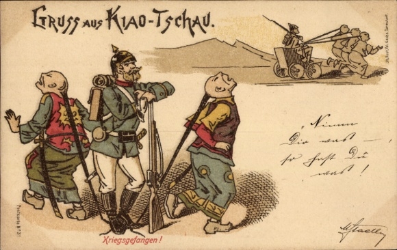 Chromo-Litho Greetings from Kiao-Tschau, German soldier with Chinese prisoners of war