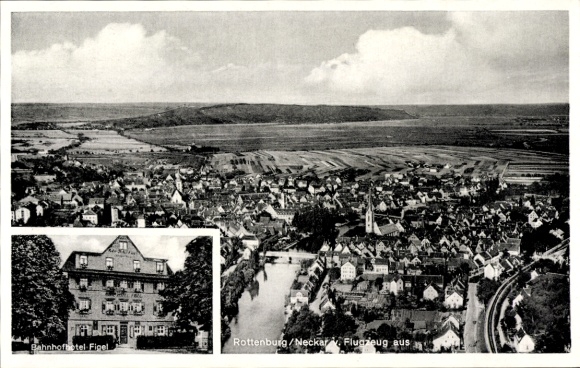 Ak Rottenburg am Neckar, Fliegeraufnahme, Bahnhofhotel Figel