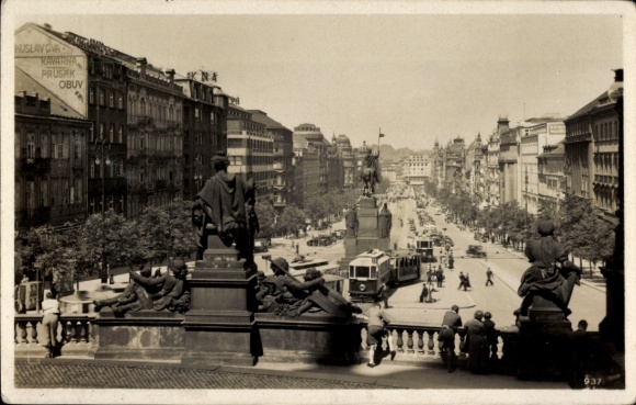 Postcard Praha Prague Czech Republic, Wenceslas Square, monument, tram